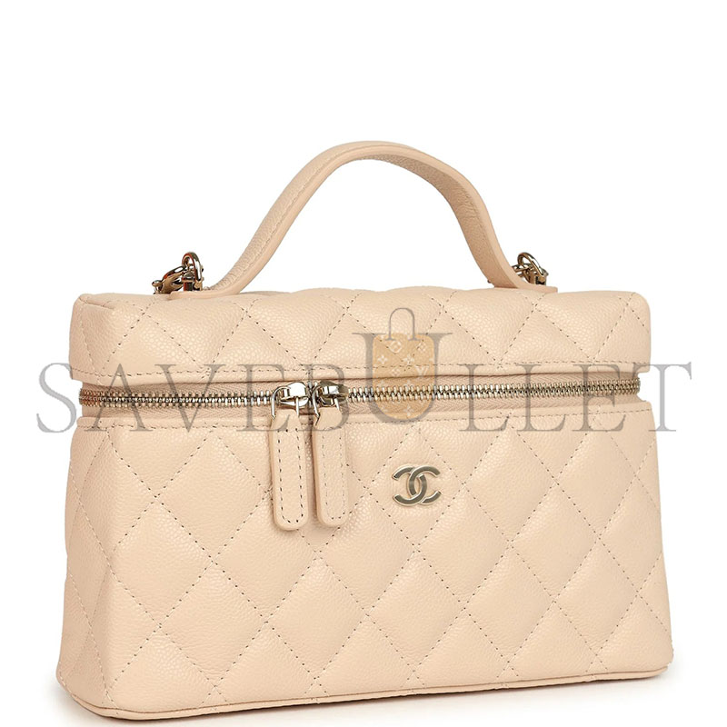 CHANEL MASTER TOP HANDLE LONG VANITY CASE WITH CHAIN LIGHT BEIGE SHINY CAVIAR LIGHT GOLD HARDWARE AP4385 (19*14*5cm)